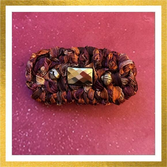HAND CRAFTED Beaded CROCHET Hair Clip BARRETTE Gold Beads - Picture 1 of 1